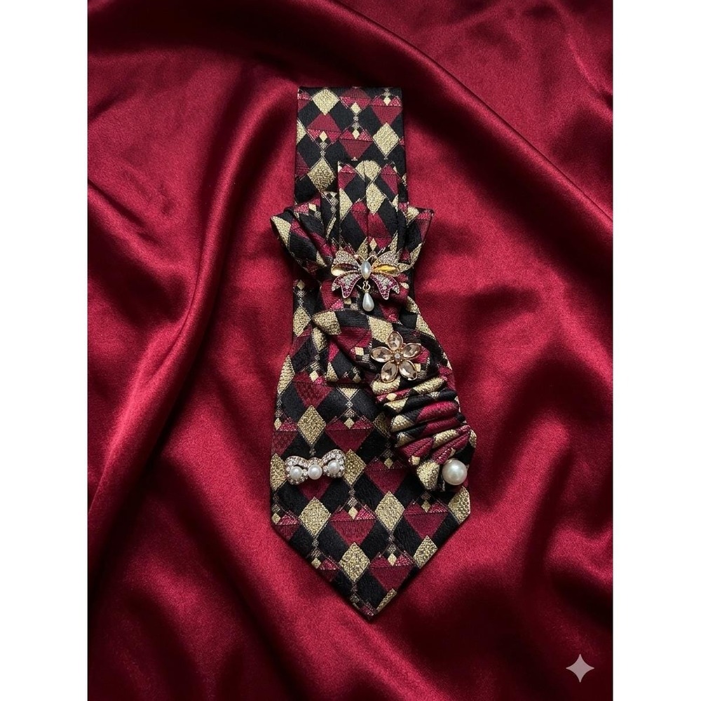 Handmade Red Gold Harlequin Diamond Upcycled Tie Necklace Statement Brooch Bow